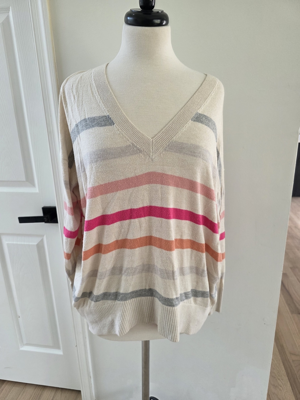 LOFT Cream V-Neck Sweater with Pink, Coral and Gray Stripes